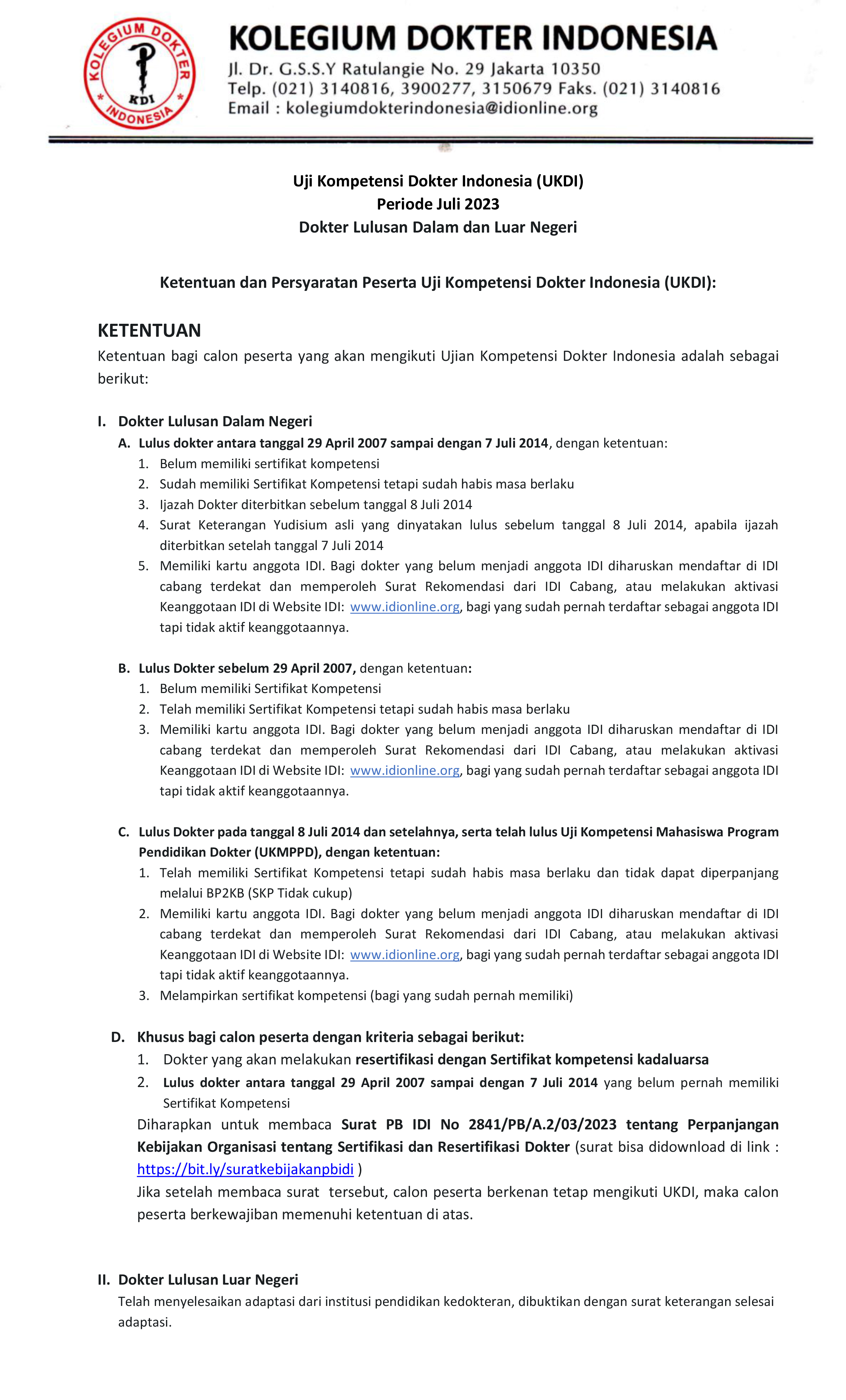 Informasi Uji Kompetensi Dokter Indonesia (UKDI)  Periode Juli 2023